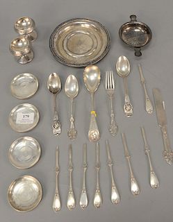 Lot of N. Harding Boston coin silver including three piece set with acorns, three with medallions, picks, tea strainer, small round ...
