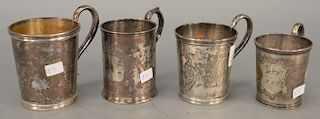 Four various N. Harding Boston coin silver cups with handles. 
heights 3 1/2 in. to 4 1/4 in., 
15.8 total troy ounces