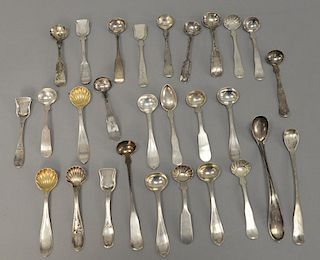 Large lot of N. Harding Boston coin silver salt spoons. 
7.4 total troy ounces
