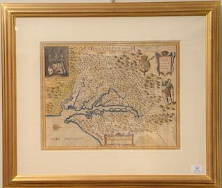 Willem Blaeu, double page hand colored engraved map, "Nova Virginiae Tabula" 1644, sight size 15 1/4" x 19 1/4"