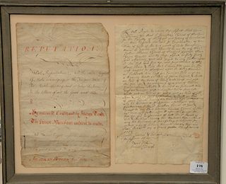 Two 18th century documents, framed, including a land deed dated 1739 mentioning Farmingtown Ozreis Pitkin, Jonathan Wells, etc., and...