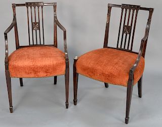 Pair of mahogany Sheraton armchairs, Northeastern U.S. 1785-1815, mahogany with yellow poplar rear rail (one arm as is).  seat hei...