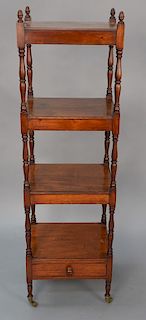 Mahogany four shelf etagere with drawer and acorn finials, drawer of mahogany and pine with blue paper bottom, probably American. 
h...