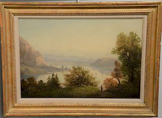 Oil on canvas, 
Hudson River Valley Landscape, 
signed illegibly bottom center: P.R. Crobsy?, 
19th century, 
14" x 20"