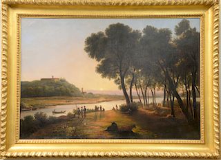 Attributed to Thomas Christopher Hofland (1777-1843)
oil on canvas
"Figures by an Italian River at Sunset"
34" x 44"