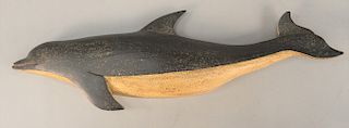 Clark Voorhees carved and painted wood bottlenose dolphin, stamped on back: CV Voorhees. length 18 in.