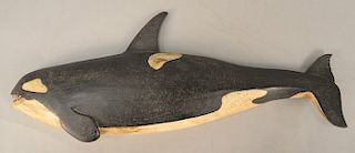 Clark Voorhees carved and painted wood killer whale, stamped on back: CV Voorhees. length 18 in.