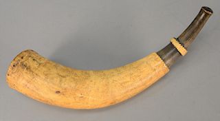 Powder horn marked Capt. Gad Stanley's horn made at Phillips Borough Dec. ye 101776 depicting flags, cannons, drums, swords. Captain...