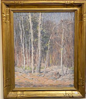 Mina Ochtman (1862-1924) oil on canvas, "Birch Trees at Grayledge", unsigned, The Bruce Museum label on verso, 16" x 20".500