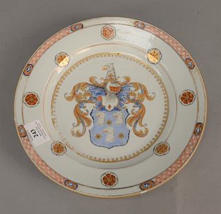 Chinese export deep plate with coat of arms (two rim flakes and minor roughness). 
diameter 11 1/4 in. 
Provenance: Estate of Eileen...