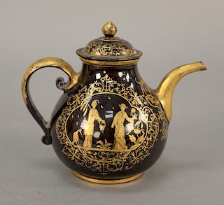 Bayreuth Chinese gilt glazed red stoneware teapot with cover, small baluster form with gilt scroll handle and gilt curved spout, hav...