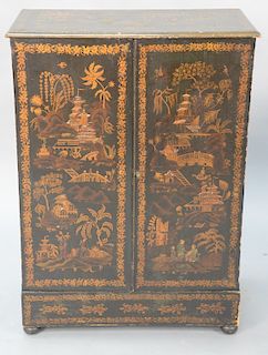 Chinoiserie decorated two door cabinet opening to reveal three drawers over two drawers over two paper lined shelves, set on base wi...