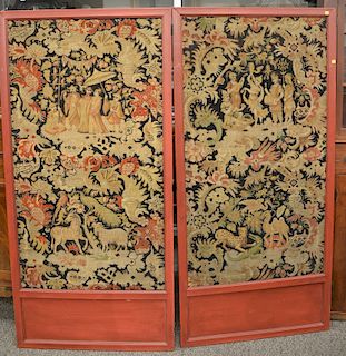 Two part needlepoint screen, two large panels depicting Asian figure surrounded by scrolling leaves and animals. 
each panel 71" x 34"