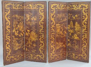 Pair of Chinese lacquered screens, each with two large panels having gilt painted dragons around landscape with battle scene on one ...