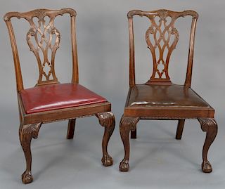 Pair of George II mahogany side chairs, England 1760-80, mahogany with beech slip seat (side stretchers missing). 
height 36 3/4 in....
