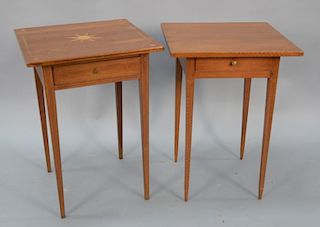 Two Federal cherry inlaid one drawer stands, one with double tapered legs, one with inlaid top. 
height 26 in., top: 17 1/2" x 19" 
...