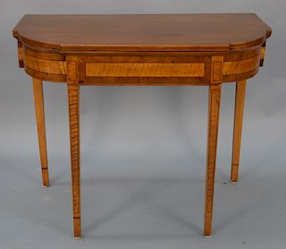 Federal maple D shaped game table with tiger maple panels. 
height 29 3/4 in., width 35 in., depth 17 in.