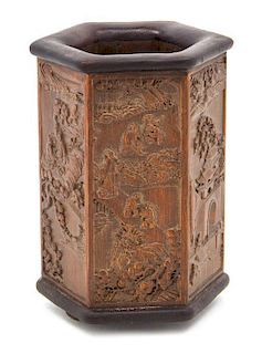 A Carved Bamboo Hexagonal Pot, Bitong Height 6 5/8 inches.