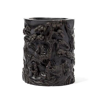 A Carved Zitan Brush Pot, Bitong Height 6 1/2 inches.