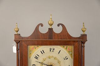 Federal mahogany Hugh Kearney mantle clock having reverse painted eglomise panel with two houses. 
height 30 1/2 in., width 17 in.
