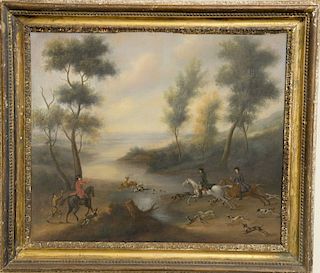 English School oil on canvas, 
Deer Hunt with Dogs Equestrian, 
unsigned, 
relined, 
18th/19th century, 
20" x 24"