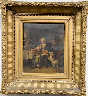German School (19th century)
oil on canvas
interior scene with family and dog
unsigned
12 3/4" x 10 1/2"