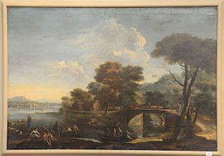 18th/19th century oil on canvas landscape, Path Along River, unsigned, label on stretcher: Geo. F. of Picture Framer, New York, Vine...