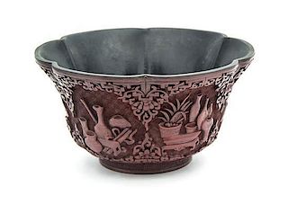 A Carved Cinnabar Lacquer Footed Bowl Height 4 inches.
