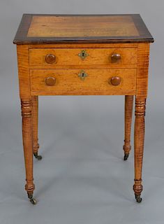 Sheraton mahogany and figured maple two drawer stand on turned legs, circa 1830. 
height 27 1/2 in., top: 17" x 20"