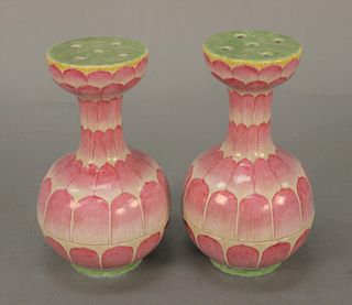 Pair of Chinese famille rose porcelain shakers/dishes, pink lotus enameled around exterior, center opening to two part interior dish...