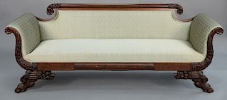 Federal mahogany sofa with cornucopia carving and paw feet. 
height 31 in., length 82 in.