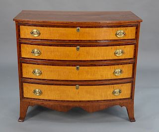 Federal bowed front chest with tiger maple drawer fronts, circa 1800. 
height 36 in., width 39 3/4 in.