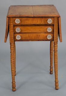 Sheraton tiger maple three drawer drop leaf stand with glass pulls. height 29 in., top: 17" x 17"