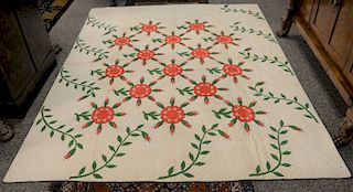 Applique quilt with red flowers, circa 1850, marked on tag: "Quilt made by Grandma Fonda in Vermont before she was married", pencil ...