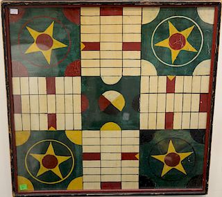Early primitive polychrome painted Parcheesi game board, 19th - 20th century.22" x 22"