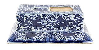 A Blue and White Porcelain Inkstand Height 3 1/8 x width 9 1/4 inches.