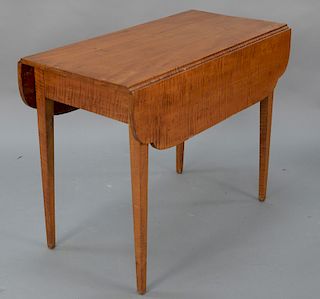 Tiger maple Federal drop leaf table, circa 1800. 
height 28 in., top closed: 17" x 36", top open: 35" x 36"