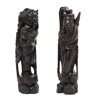 * Two Silver Inlaid Hardwood Figures Height of tallest 14 inches.