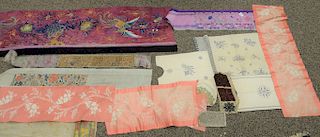 Group of antique ethnographic textiles and needlepoint pieces to include Chinese violet silk embroidered piece with birds and flower...