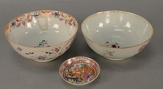 Three piece Chinese export including two bowls and small deep dish (both bowls repaired, small flakes on dish). 
bowls: height 3 3/4...