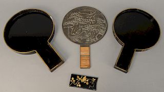 Japanese bronze mirror in lacquered box, probably 19th century (chip on bottom of case). 
height 13 1/4 in.
