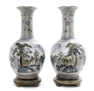 A Pair of Polychrome Porcelain Bottle Vases Height 22 7/8 inches (without stand).