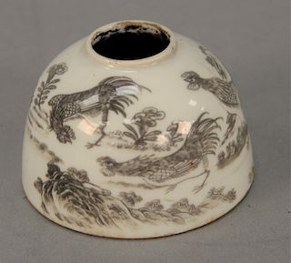 Chinese porcelain water holder, bell shaped with black rooster and landscape decoration, marked on paper label: Chien-lung. 
height ...