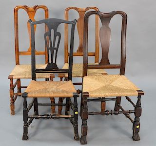 Four Queen Anne rush seat chairs, each with Spanish feet.  seat height 18 1/2 in., total height 41 1/2 in.,  seat height 17 1/2...