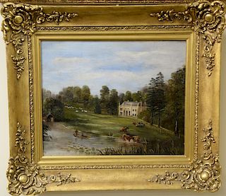 Oil on canvas, 
English country landscape, 
river and farm in front of castle, 
signed lower right illegibly, 
19th century, 
14" x 18"