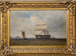 Oil on canvas, 
English gun ship coming into busy harbor, 
unsigned, 
19th century, 
relined, 
14 1/4" x 22 1/4"