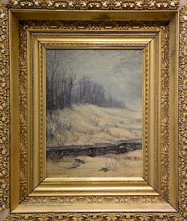 Oil on board,  winter landscape with stream,  marked: Metcalf,  20 3/4"...