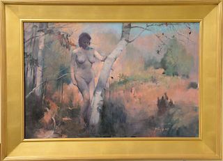HongNian Zhang (b. 1947), oil on canvas, Nude Woman by Birch Tree, signed lower right: Zhang, 24" x 36"