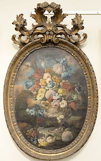 Large oval oil on canvas, still life of flowers in an urn, 
double sided painting with reversed having allegorical scene with three ...