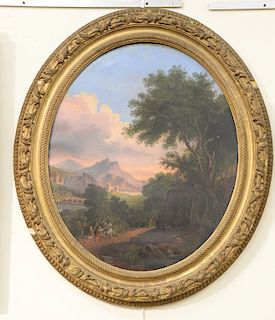 Oval oil on canvas, 
mountainous landscape with sun setting and castle, 
unsigned, 
19th century, 
30" x 25 1/2"